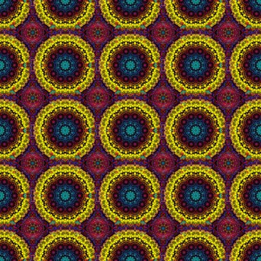 Sorunlu damasküler desensiz arka plan fayansları. Siyah bir arkaplanda yeşil, gri ve kahverengi renklerde vektörsüz süsleme.