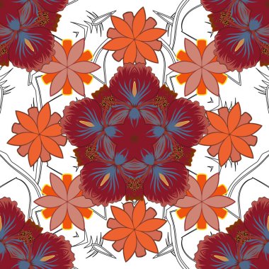 Vektör çiçek deseni kahverengi, gri ve kırmızı renklerde.