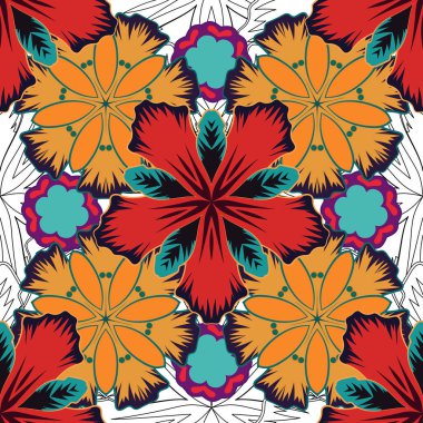 Mavi, turuncu ve gri renklerde vektörsüz desen. Güzel suluboya çiçekler, parlak tablolar ilham verici çiçek desenleri..