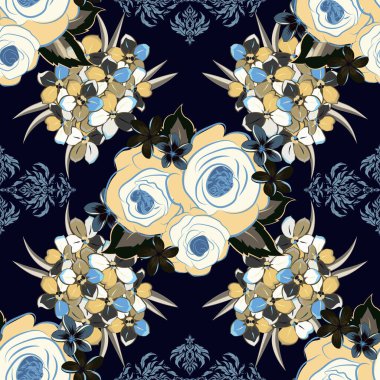 Şirin vektör primula çiçekleri izi. Vektör çizimi. Çiçeklerin dikeni siyah, gri ve mavi renklerde..