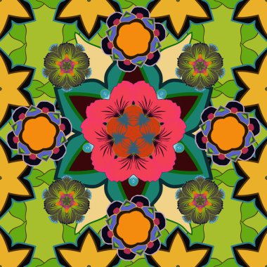 Yeşil, mavi ve sarı tekrarlayan elementlerle kusursuz soyut doku. Güzel iz. Zarif vektör klasik pürüzsüz desen.