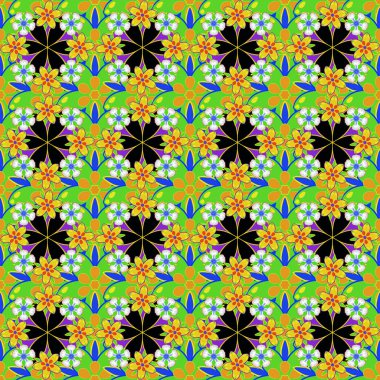 Ditsy çiçek stili. Sarı, yeşil ve siyah renkli vektör küçük çiçekler. Küçük çiçeklerdeki hoş, pürüzsüz desen. Moda baskıları için zarif bir şablon.