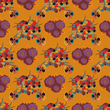 Dekorasyon ve tasarım için güzel bir vektör deseni. Sarı, turuncu ve mavi renkli primula çiçekleriyle sulu boya deseni. Primula çiçeklerinin zarif deseni. Eski tarz moda yazdırma