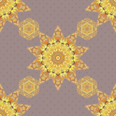 Sarı, bej ve turuncu renklerde kusursuz desen. Karmaşık süslemeli vektör çizimi.
