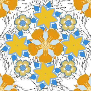 Damask vektör klasik deseni. Renkli yinelenen elementlerle oryantasyon arkaplanı. Mavi, gri ve sarı renklerde kusursuz soyut elementler.