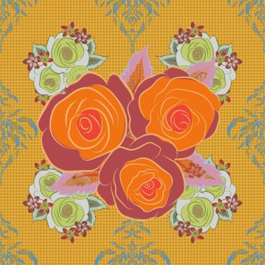 Mavi, turuncu ve sarı renklerde vektörsüz desen. Mavi, turuncu ve sarı gül çiçekli suluboya resim.