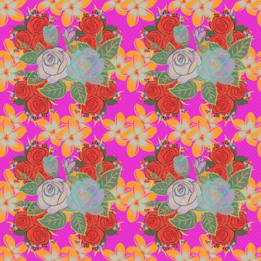 Gül çiçekleri ve yaprakları turuncu, morumsu ve gri renklerde olan soyut zerafet deseni..