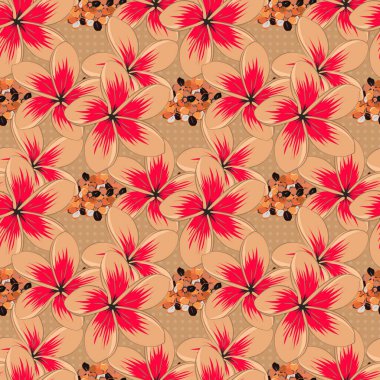 Kahverengi, turuncu ve pembe renklerde çiçeklerin kusursuz dokusu. Vektör illüstrasyonu iç tasarım, baskı, ağ ve tekstil tasarımı için iyidir. Plumeria çiçekleriyle optik yanılsama.