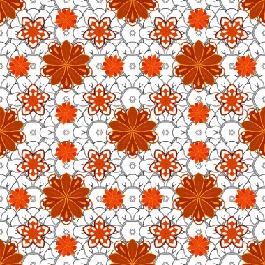 Vektör çizimi. Turuncu, mavi ve kırmızı elementlerin biçimlendirilmiş kusursuz dokusu.