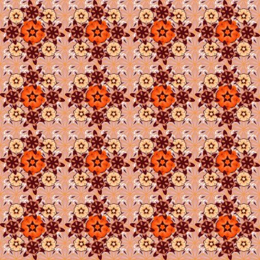 Motley ızgarası. Bej, turuncu ve kırmızı elementli vektörsüz desen.