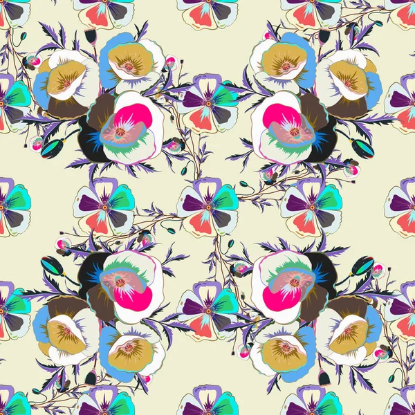 Multicolore Fond Floral Abstrait Sans Couture Croquis Vectoriel Nombreuses Fleurs — Image vectorielle