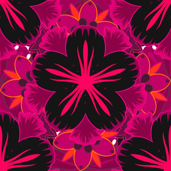 Vector Seamless Background Pattern Tropical Leaves Flowers Purple Magenta Red — Stock Vector