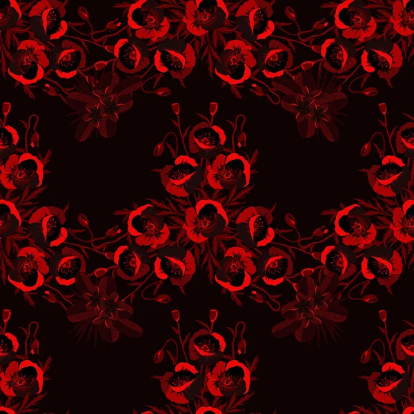 几何叶饰 图解现代图案 无缝隙花纹罂粟花 无缝隙的抽象花卉图案 有褐色 黑色和红色三种颜色 Cute Vector Background — 图库矢量图片