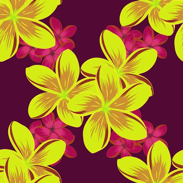 Estampado Moda Con Flores Plumeria Acuarela Colores Amarillo Púrpura Violeta — Vector de stock