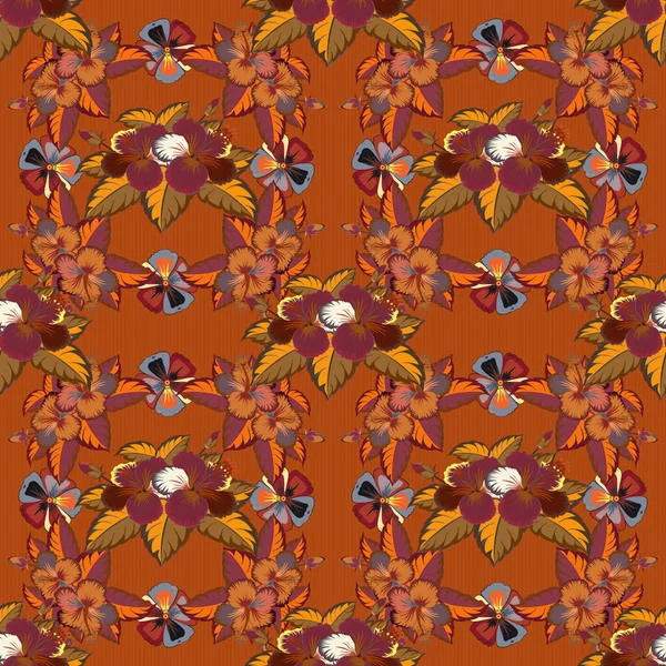 ベクトルヴィンテージシームレス熱帯ハイビスカスの花 オレンジ 茶色のシームレスなパターン — ストックベクタ
