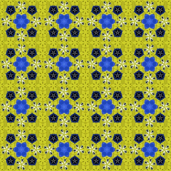 Bloemen Vintage Naadloos Patroon Blauwe Zwarte Gele Kleuren — Stockvector