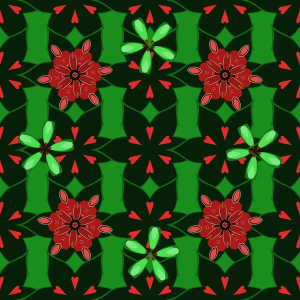 Vektör çizimi. Kırmızı ve yeşil renkli şirin çiçeklerle kusursuz desen.
