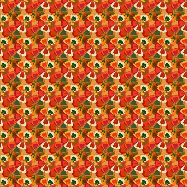 Векторный Бесшовный Узор Цветами Космоса Листьями Оранжевого Бежевого Зеленого Цветов — стоковый вектор