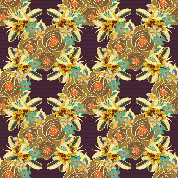 Beautiful vector seamless pattern in small abstract yellow, green and brown rose flowers. Small colorful flowers. Small cute simple spring stylized rose flowers.