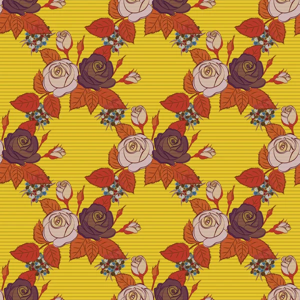 Small colorful flowers. Small cute simple spring stylized rose flowers. Beautiful raster seamless pattern in small abstract orange, yellow and brown rose flowers.