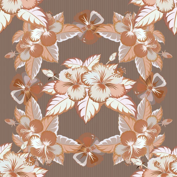 Peinture Vectorielle Dessinée Main Fleurs Hibiscus Orange Beige Marron Motif — Image vectorielle