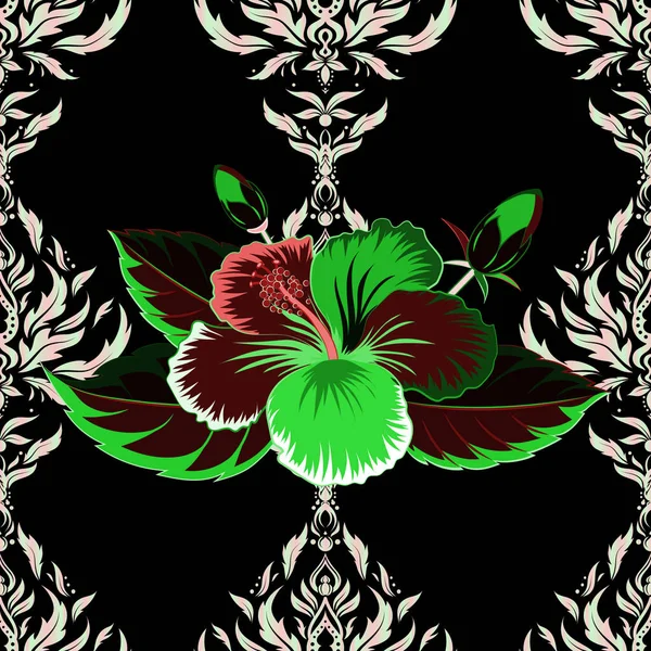 Patrón Sin Costura Vectorial Flores Hibisco Tropical Colores Rosa Gris — Vector de stock