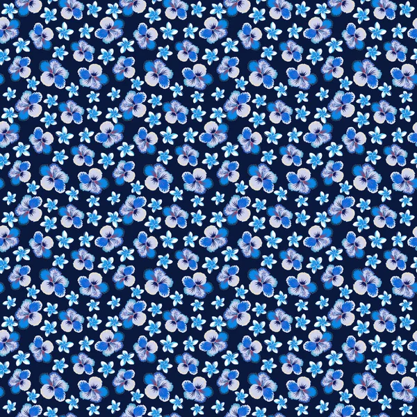 그림에 보라색 보라색 파란색 히비스커스 그려져 유행하는 꽃무늬 — 스톡 벡터