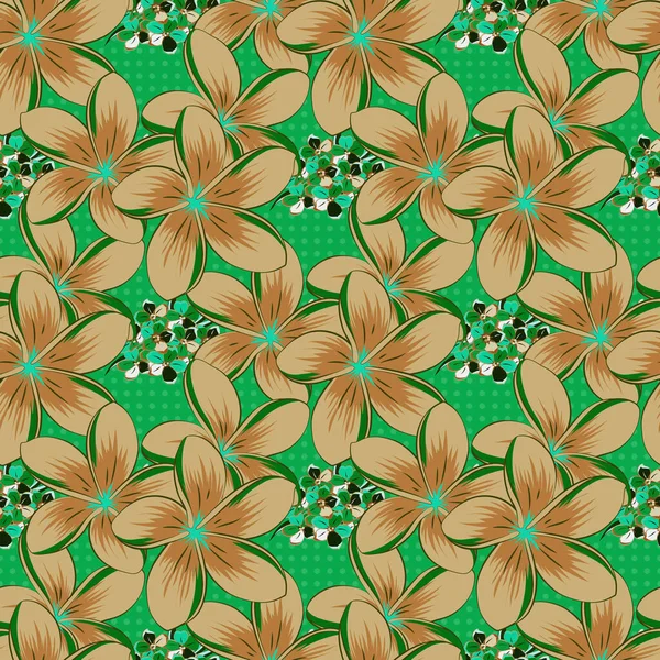 チュメリアの花とスタイリッシュな壁紙 抽象的なベクトル背景 花と緑 ベージュ色の葉の花のシームレスなパターン — ストックベクタ