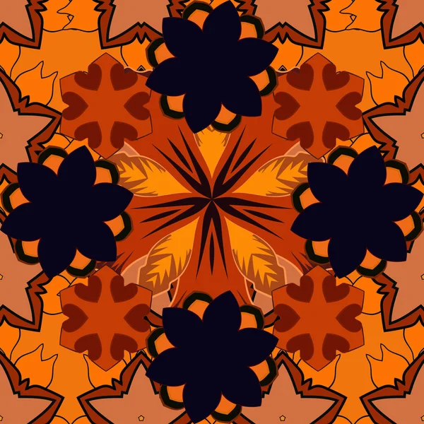 Этнические Цветочные Бесшовные Рисунки Черного Оранжевого Коричневого Цветов — стоковый вектор
