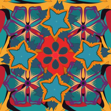 Vektör çizimi. Geleneksel Hint çiçekleri sarı, mavi ve mor renklerde..