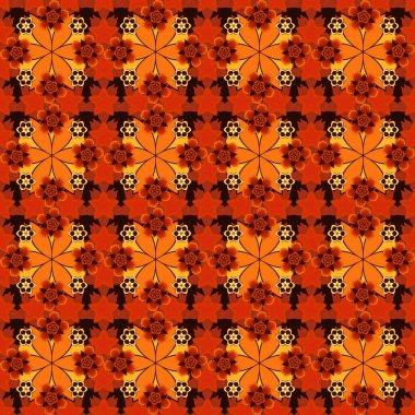 Dekoratif yaz çiçeklerinin kahverengi, turuncu ve kırmızı renkleriyle kusursuz desen, suluboya vektör çizimi.