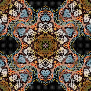 Vektör kesme kağıt dantel dokusu, siyah arkaplan üzerinde çok renkli tül, girintisiz desen.