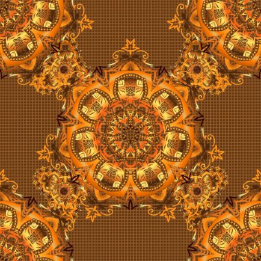 Sarı, turuncu ve kahverengi soyut süs, soyut dekoratif elementlerin vektörsüz deseni.