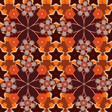 Karmaşık süslemeli vektör çizimi. Bej, kahverengi ve turuncu renklerde pürüzsüz desen.