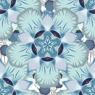 Mavi ve yeşil eski süslemeleri olan kusursuz vektör deseni.