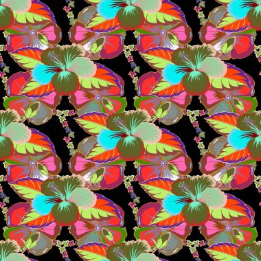 Kesişen kıvrımlı zarif stilize yapraklar ve parşömenler soyut bir çiçek süsü oluşturuyorlar. Arabesk. Klasik soyut vektör. Çiçeksiz desen mavi ve kahverengi renklerde..