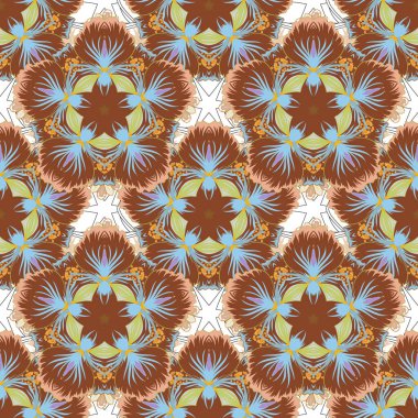 Vektör çizimi. Gri, kahverengi ve sarı renklerde sevimli çiçeklerle kusursuz çiçek deseni..