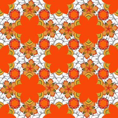 Lüks vektör dikişsiz desen, düğmeli doku, klasik tarzda dekoratif elementler. Zarif turuncu, sarı ve yeşil süslemeli stilize yıldızlar, süslü arka planda filigran dekoru.