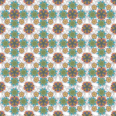 Gri, sarı ve mavi renkli süslemeleri olan vektörsüz desen.