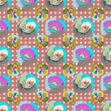 Raster illüstrasyonu. Pembe ve gri renkli biçimlendirilmiş çiçeklerle kusursuz çiçek deseni.