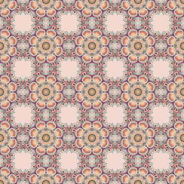 Kahverengi, pembe ve bej desenli. Doğum günü kartı, davetiye ya da afiş için uygun. Vektör çizimi. Ortaçağ çiçek desenli. Dekoratif simetri arabesk.