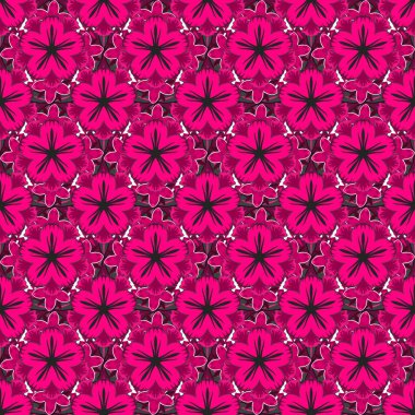 Mor, mor ve pembe renkte narin küçük çiçekler. Vektör grafik baskı. Küçük çiçek desenli..