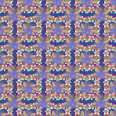 Klasik Raster Çiçek Motifi. Mavi ve kahverengi pürüzsüz desen. Moda baskısı. Plumeria çiçekleri.