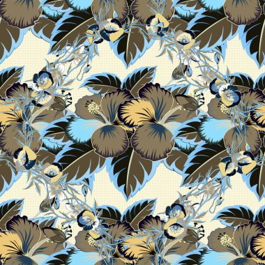 Vektör çizimi. Renksiz vektör desenli çiçek deseni. El çizimi çiçek deseni, bej ve mavi dekoratif çiçekler..