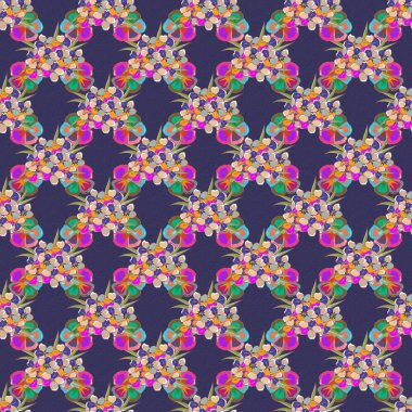 Sarı, mor ve kahverengi renklerde çiçeklerin pürüzsüz dokusu. Optik yanılsama. Vektör illüstrasyonu iç tasarım, baskı, ağ ve tekstil tasarımı için iyidir.