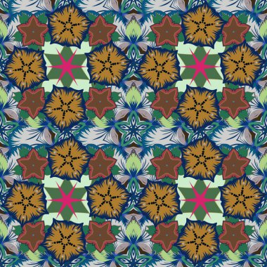 Küçük çiçekte güzel bir desen. Ditsy çiçekli arka plan. Moda baskıları için zarif bir şablon. Kahverengi, mavi ve yeşil renkli küçük çiçeklerle kusursuz desen.