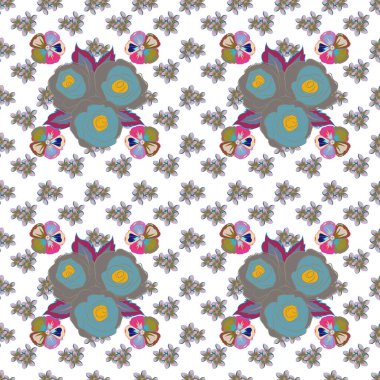 Hoş bir arka plan. Mavi ve pembe renklerde kusursuz soyut çiçek deseni. Grafiksel modern model. Geometrik yaprak süsü.