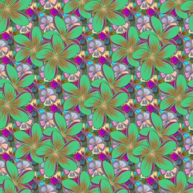 Soyut vektör arkaplanı. Çiçekler açan yapraklar ve yeşil ve mavi renklerde çiçek desenli. Çiçekli şık duvar kağıtları.