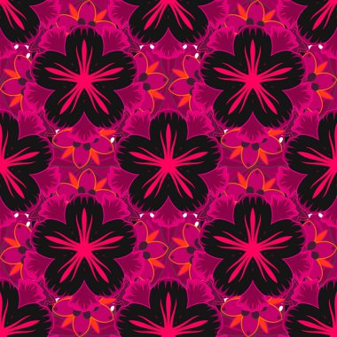 Pembe, mor ve kırmızı renklerde kusursuz çiçek deseni. Vektör illüstrasyonu.