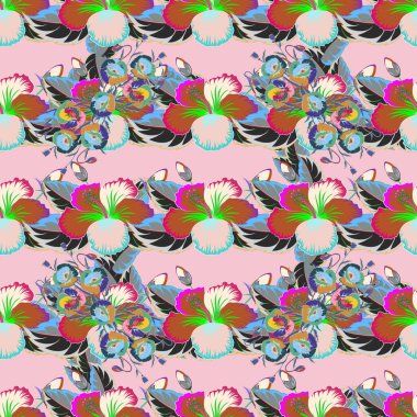 El çizimi çiçek unsurları olan soyut, pürüzsüz vektör deseni. Tarafsız bir arkaplanda çiçek açan ipek eşarp. 1950-1960 motifleri. Sonbahar renkleri. Retro tekstil tasarım koleksiyonu.